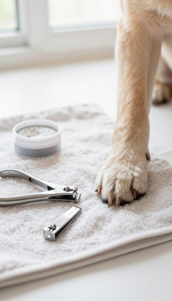 Dog nail clippers and grinder on a towel for safe trimming