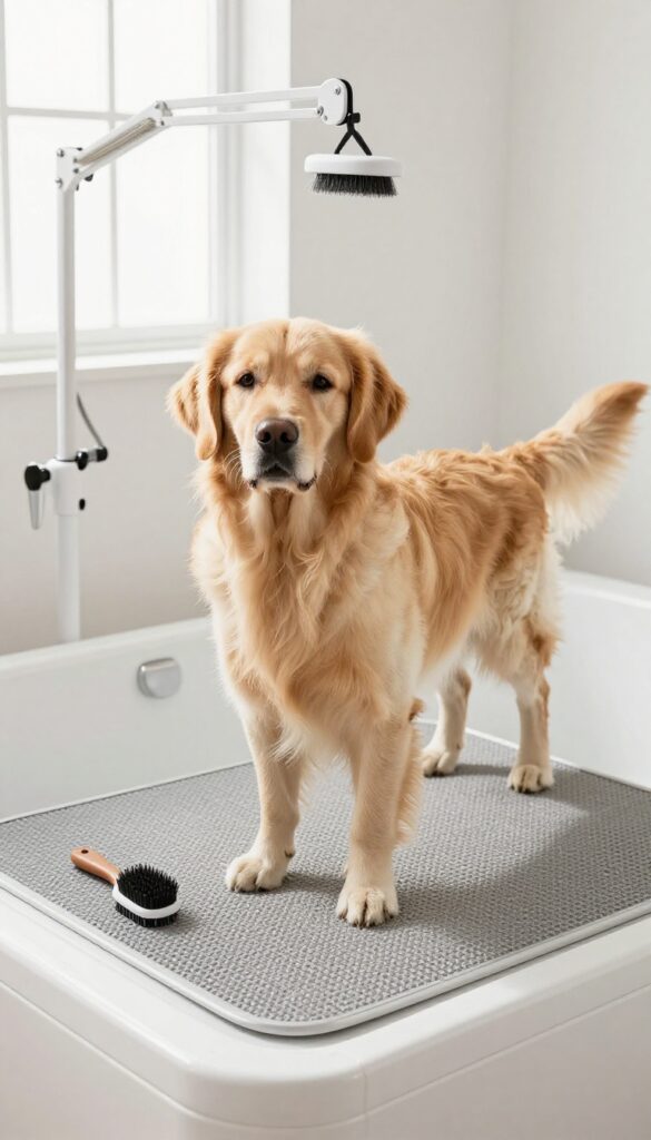 Dog standing on non-slip bath mat in tub next to grooming table