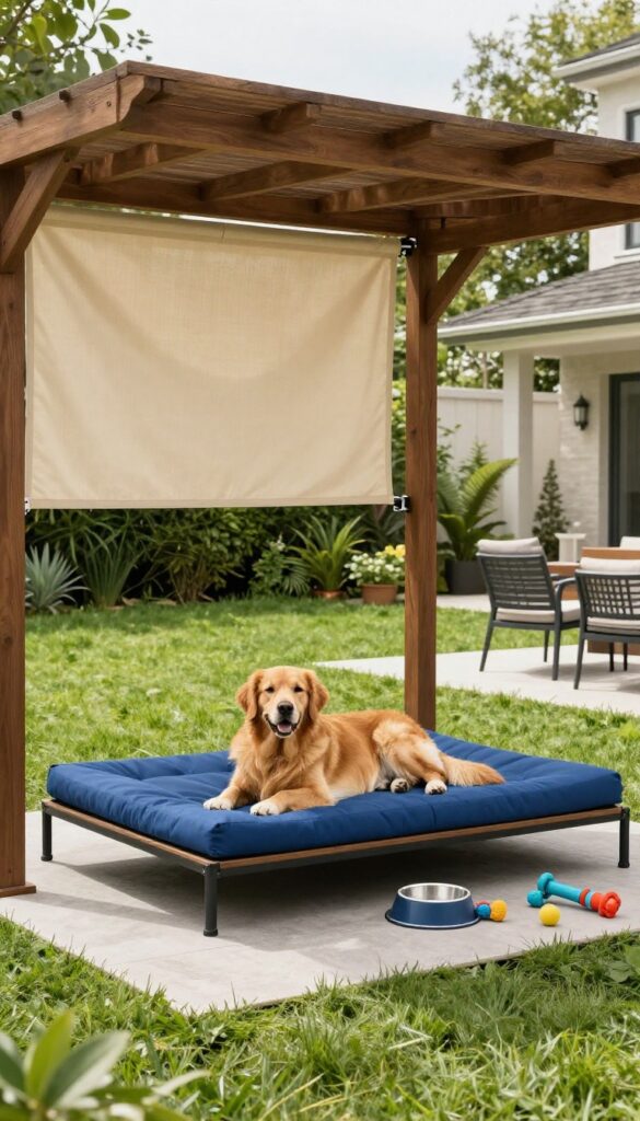 Dog resting on elevated bed under shaded pergola in sunny backyard