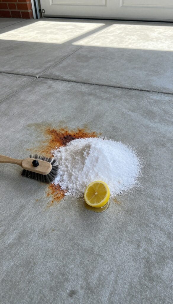Removing rust stains from concrete floor with lemon juice and salt