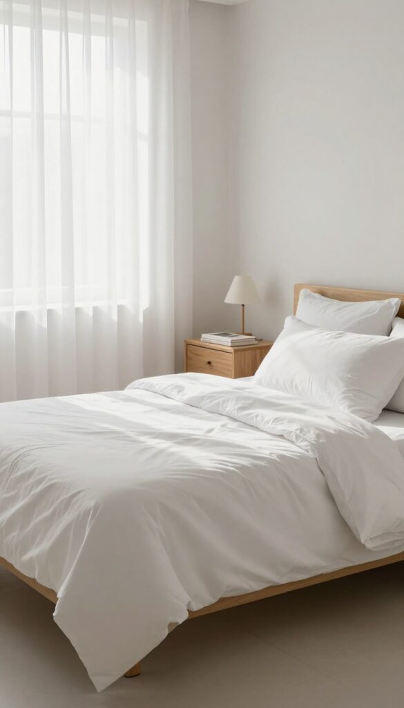 A clean, clutter-free bedroom with a made bed and minimal decor, bathed in natural light.