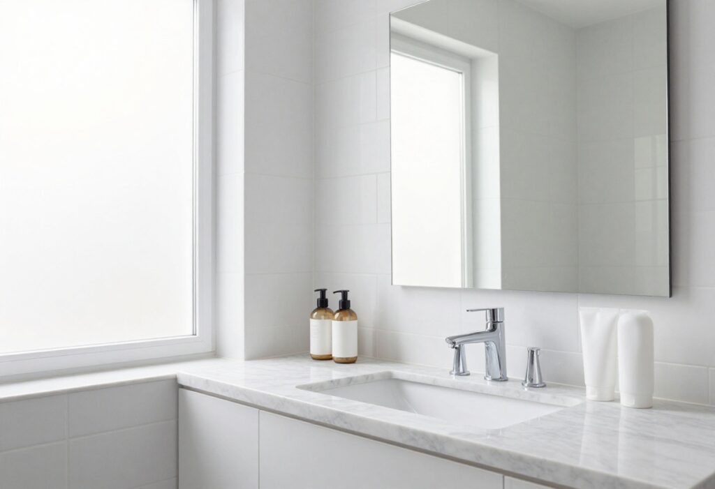 Clean modern bathroom with white tiles, mirror, and organized toiletries