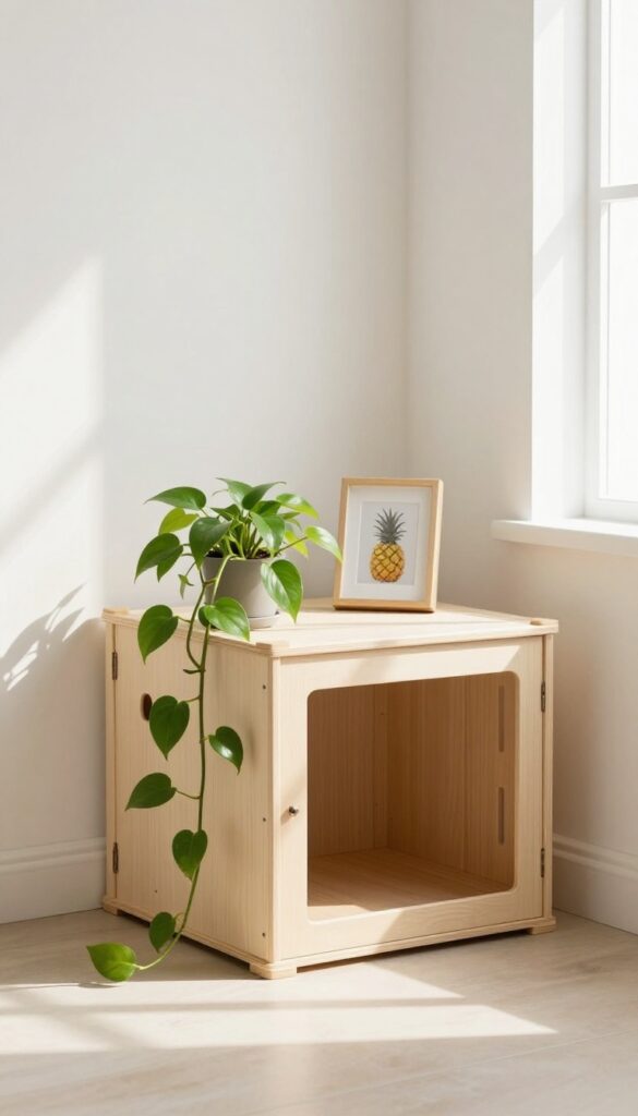 Painted wooden dog crate with trailing pothos plant on top, styled in a bright small room