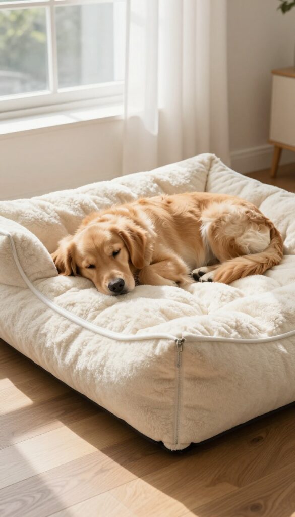 Luxury tufted dog bed with removable cover in a bright living room