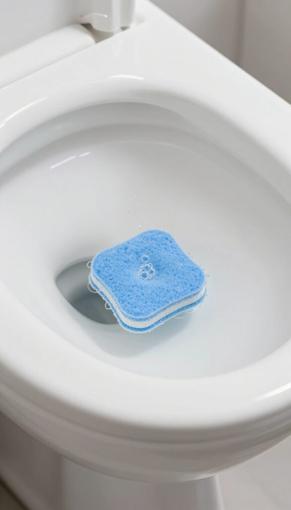 Toilet bowl with blue cleaning tablet dissolving in tank, preventing hard water rings
