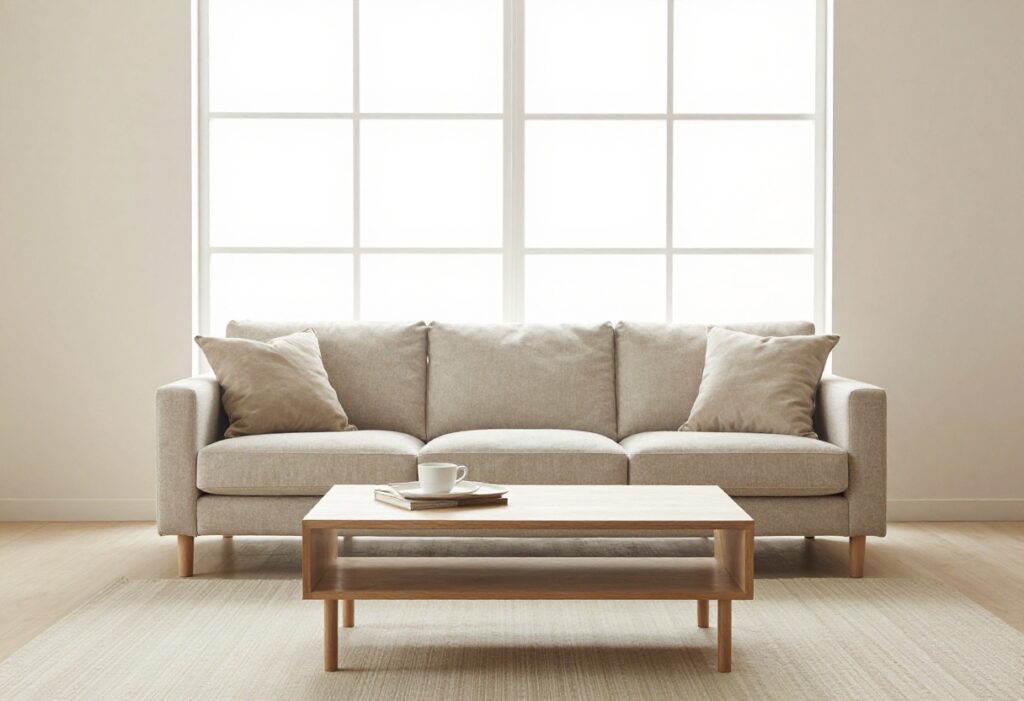 Clean and organized living room with sofa and coffee table