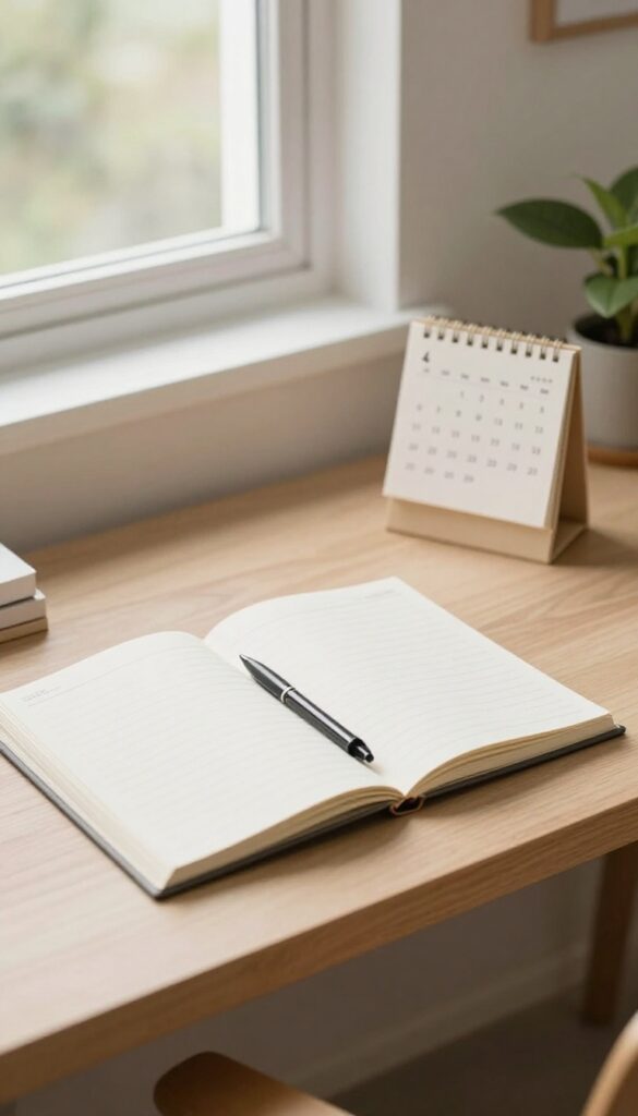 Open planner on a clean desk with a pen and calendar, natural light, organized home office setting