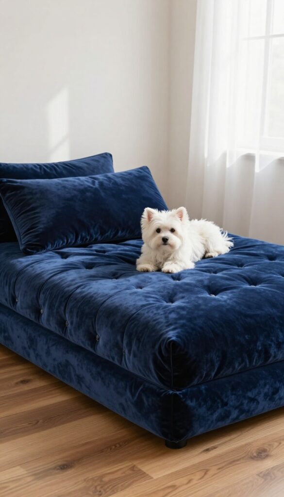 Luxurious tufted velvet dog bed made from crib mattress with a small white dog resting on it in a bright room