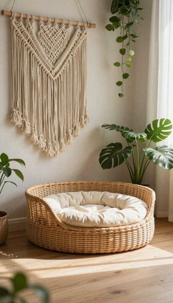 Woven rattan dog bed in a bright boho living room with plants and macrame