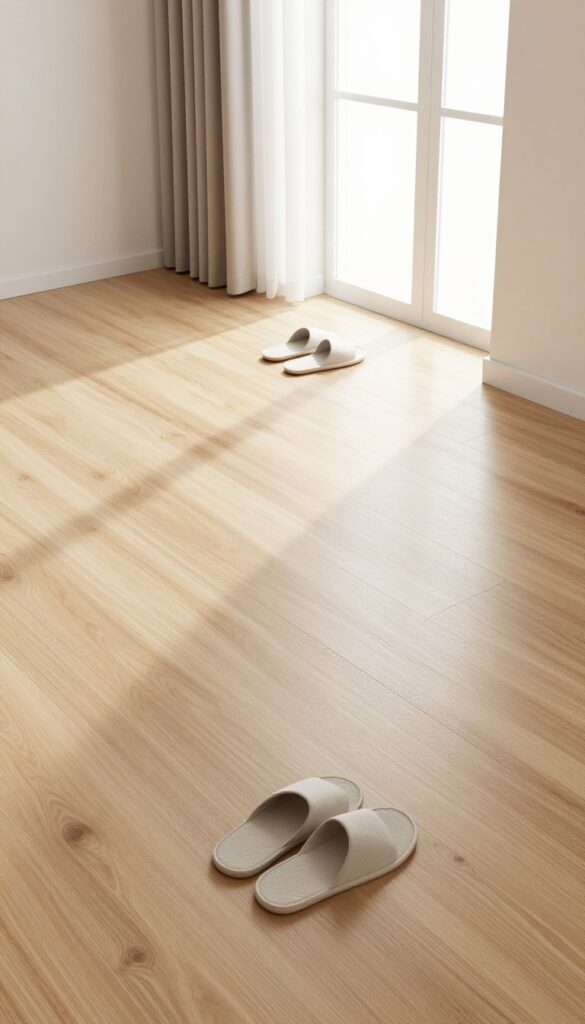 Clean, dry laminate wood floor with streak-free shine, no footprints, and slippers placed aside.