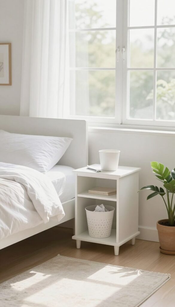 Small trash can in a bedroom on a nightstand, clean and organized room with natural light