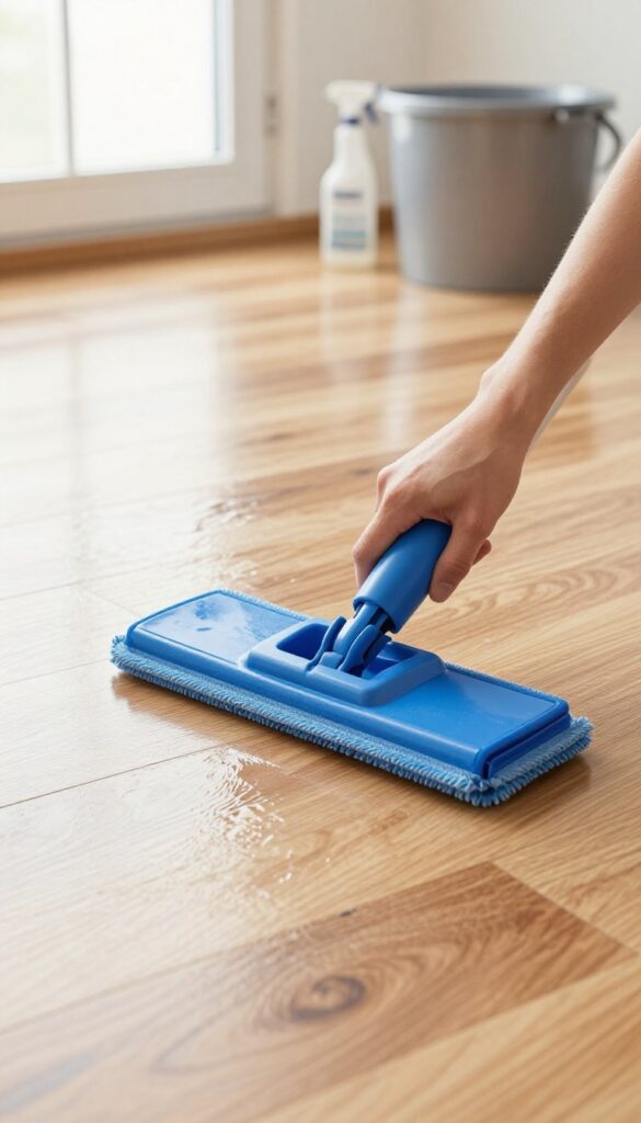 Person using a microfiber mop on a shiny laminate wood floor
