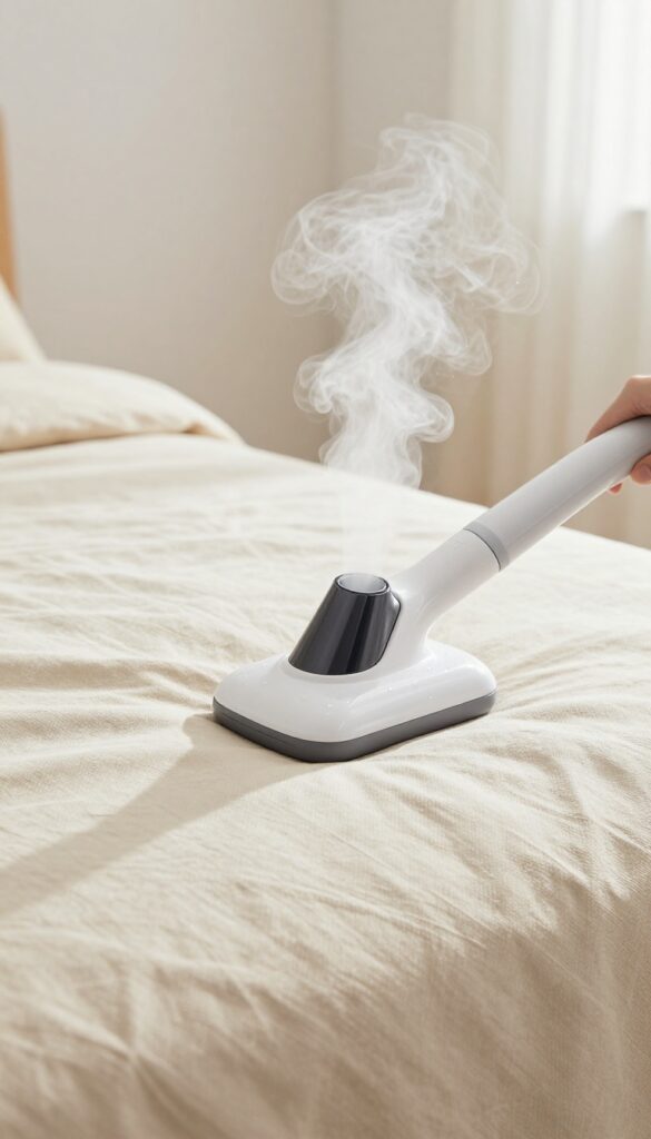 Handheld steamer sanitizing a beige fabric couch with steam rising, bright natural light