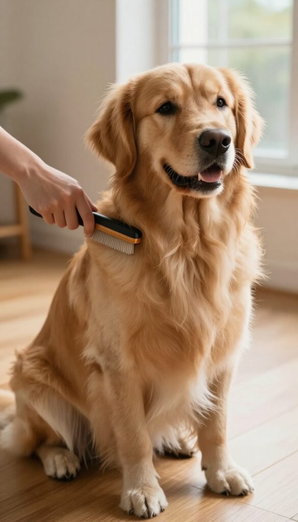 Golden retriever being brushed with a slicker brush in a sunlit room