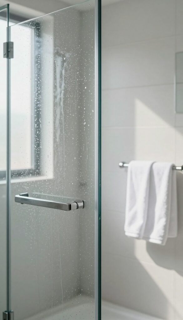 Clear shower glass door with water beading and sheeting off after water softener installation