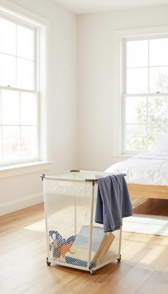 A laundry basket for quick pickups in a clean, bright bedroom