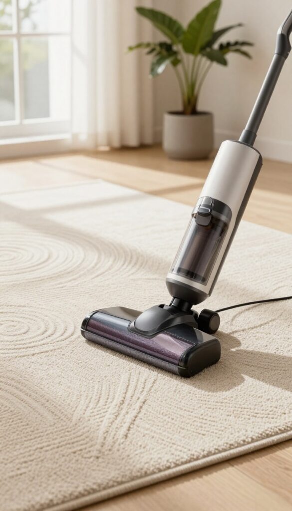 Vacuum cleaner on beige carpet with crosshatch cleaning pattern, bright natural light, minimalist room