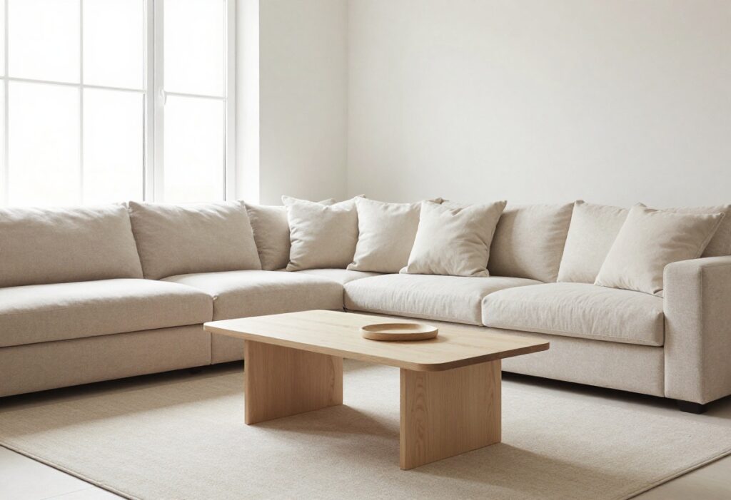 Clean and tidy living room with organized coffee table and cozy sofa