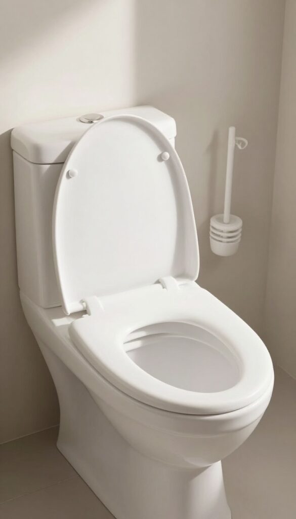 A clean toilet bowl with a toilet brush in a holder beside it, bathed in natural light