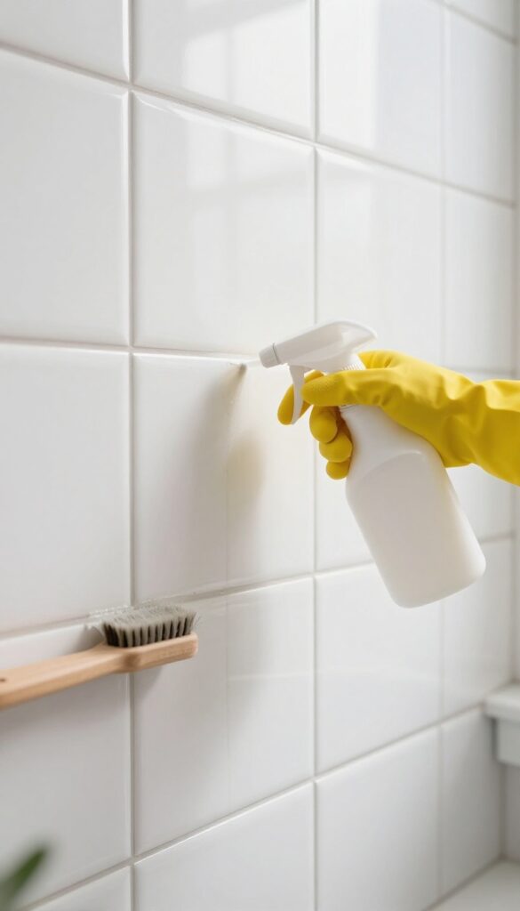 Person applying commercial grout cleaner to stained bathroom grout with a spray bottle and brush