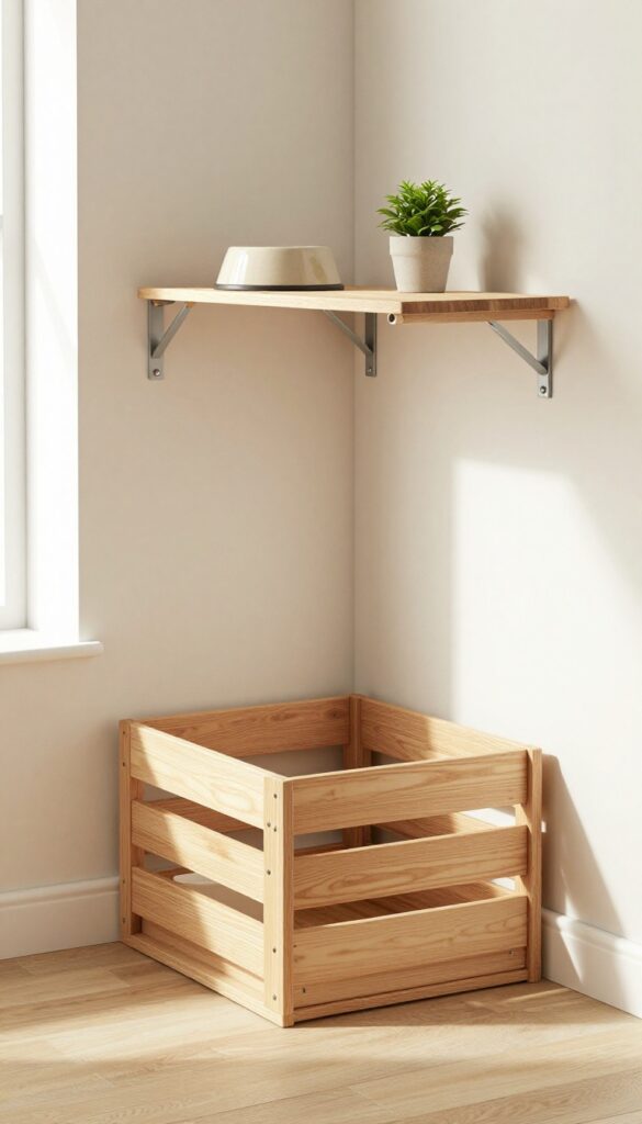 Dog crate with fold-down table in a bright laundry room, showing a lowered wooden table with dog bowl and plant above the crate.