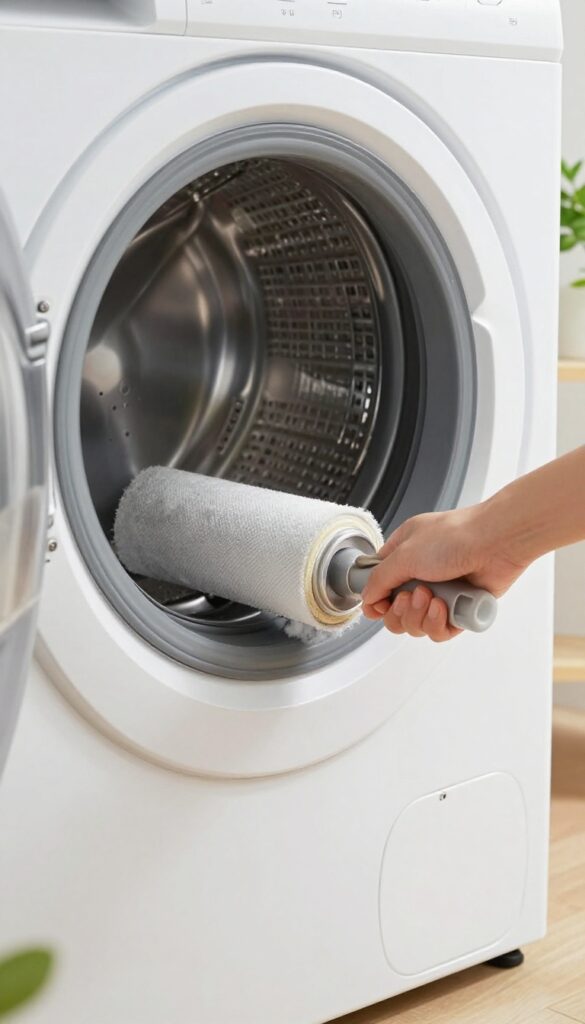 Person using a lint roller to clean the dryer vent opening in a bright, tidy laundry room