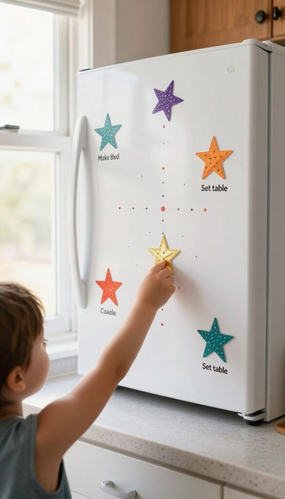 Child placing a star on a chore reward chart on the fridge in a bright kitchen