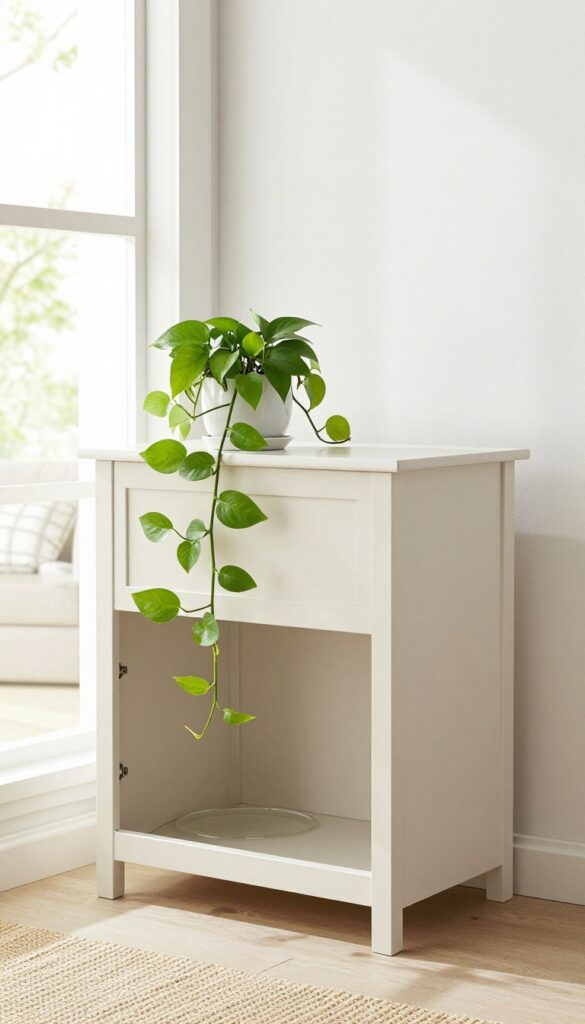 Dog crate with a plant topper, featuring a trailing pothos in a ceramic planter, in a bright living room.