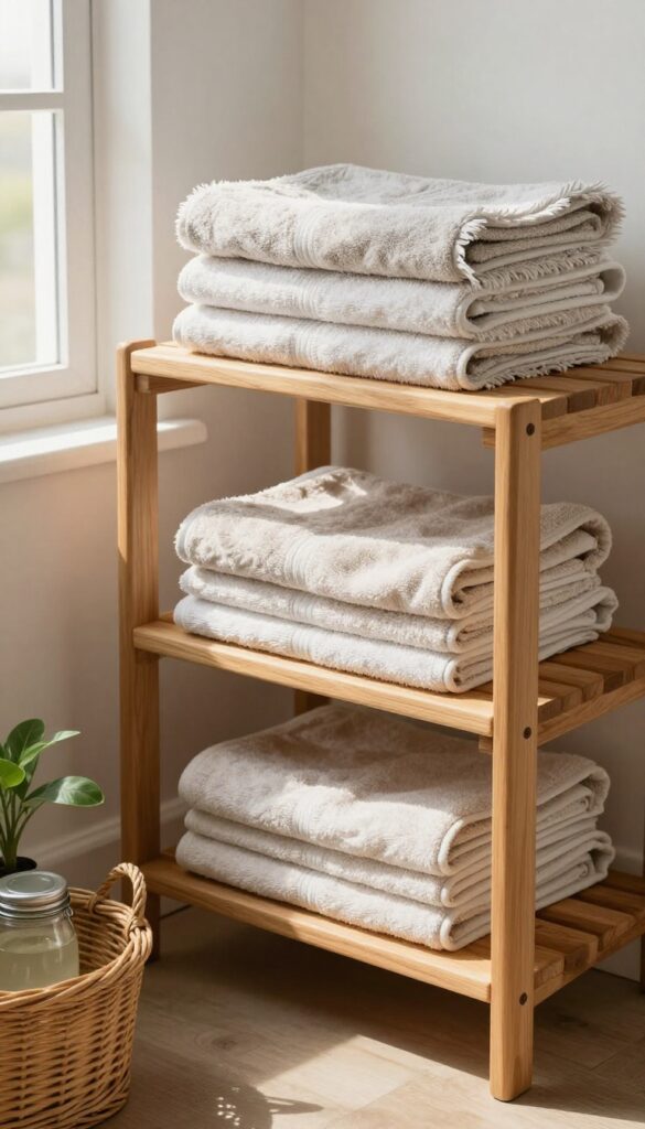 Stack of old towels showing wear and frayed edges in a bright laundry room