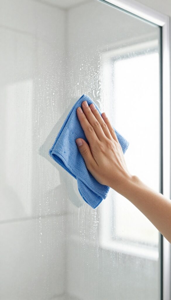 Daily quick wipe of glass shower door with microfiber cloth to prevent water spots and soap scum.