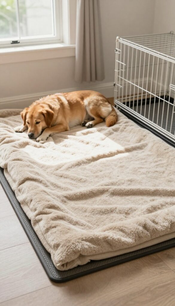 Dog crate with non-slip rubber mat and soft blanket, cozy sleeping corner