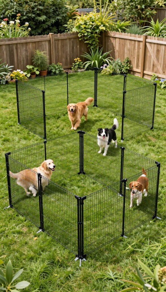 Modular wire panel dog kennel for multiple dogs in a sunny backyard