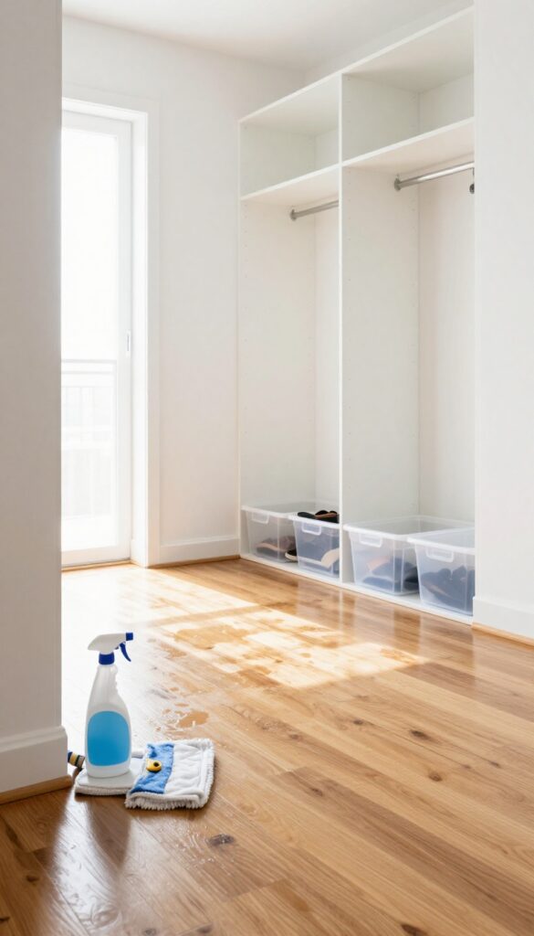 Clean hardwood closet floor with mop and cleaning supplies, organized bins and shoe rack, bright natural light