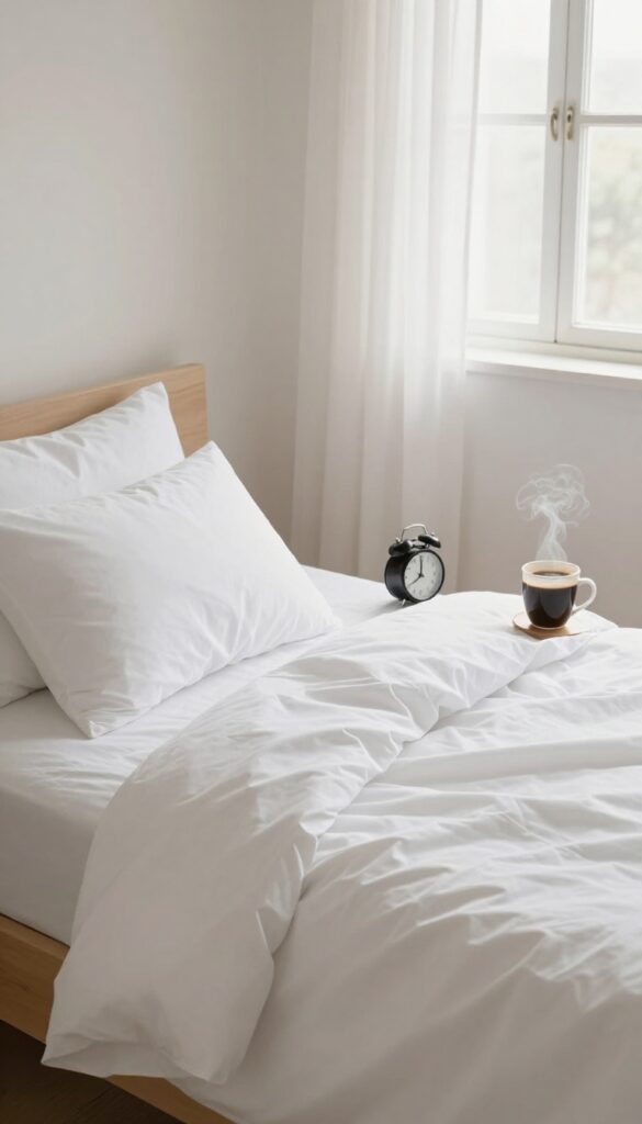 A neatly made bed in a sunlit bedroom with a coffee mug on the nightstand, representing a quick morning tidy routine.