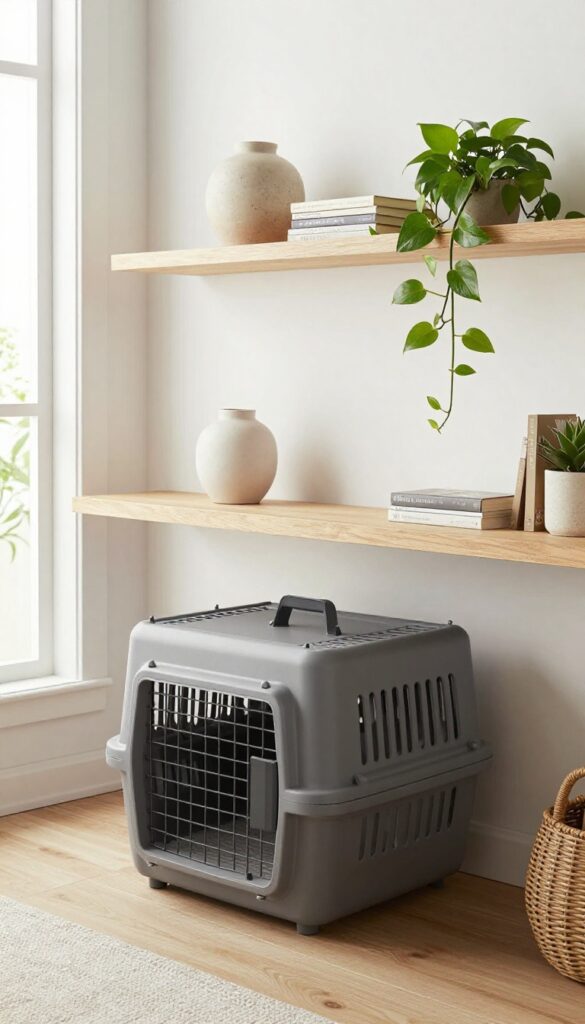 Dog crate tucked inside a console table in a living room, styled with lamp, books, and plant on top