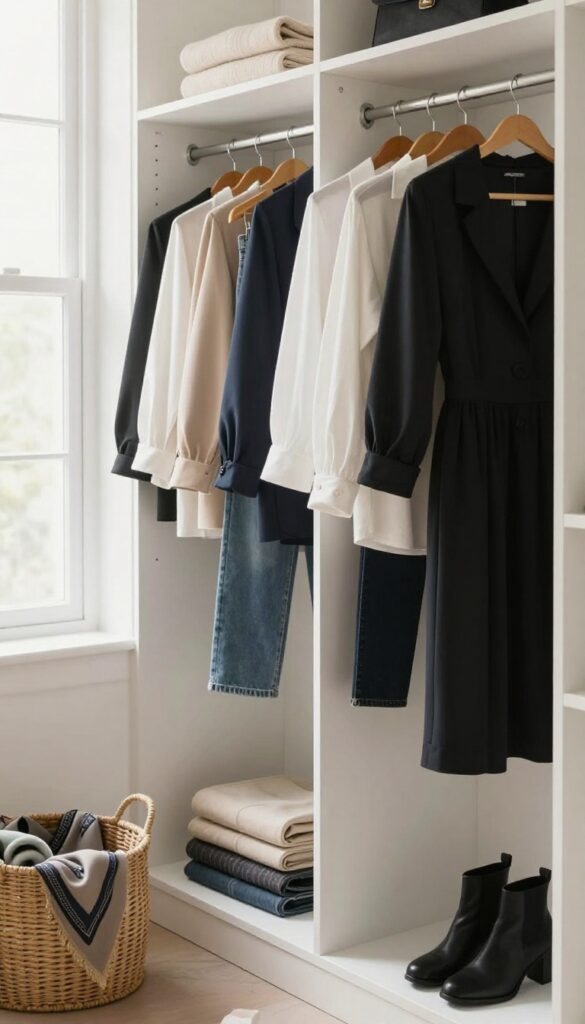 A minimalist capsule wardrobe neatly arranged in a bright closet with natural light