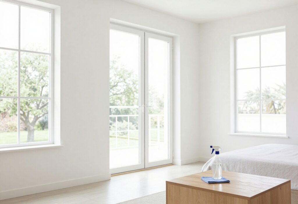 Clean and organized living room with natural light and cleaning supplies