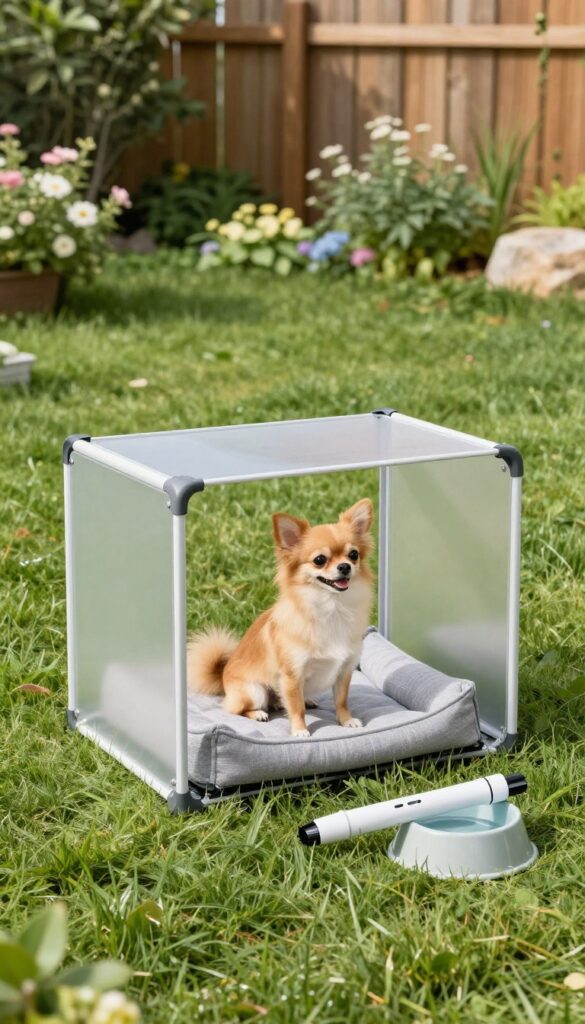 Portable exercise pen on grass for small dog