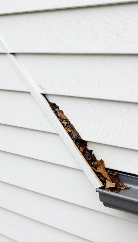 Muddy water streak on clean white vinyl siding from overflowing clogged gutter