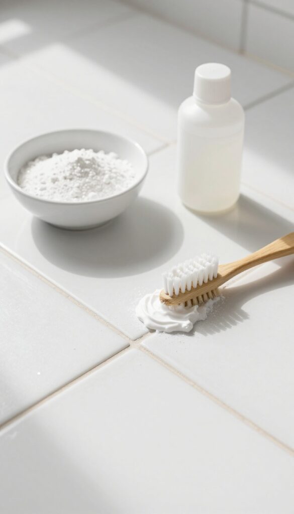 Baking soda and vinegar paste on grout lines with cleaning brush