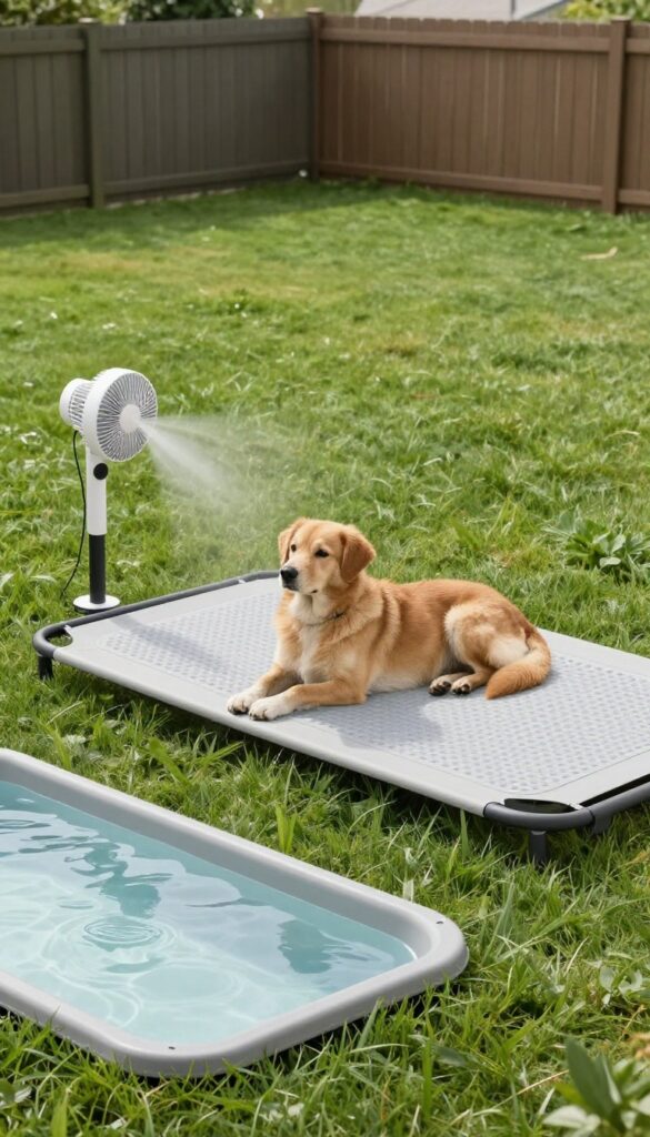 Shaded rest area in a backyard with a dog on an elevated cooling bed under a shade sail, with a misting fan and kiddie pool nearby.