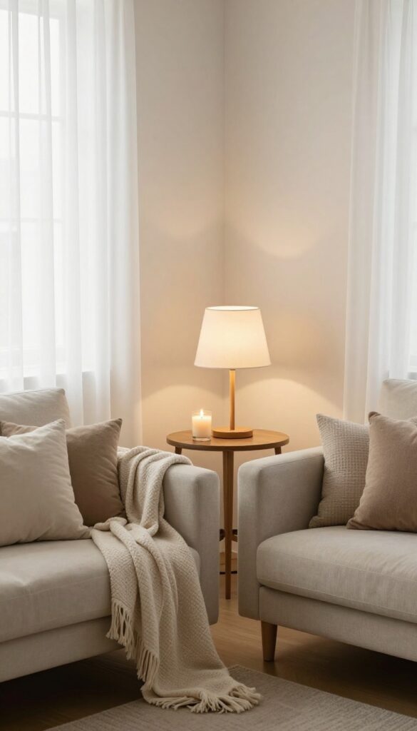 Cozy living room with warm lighting and a candle creating a relaxing atmosphere