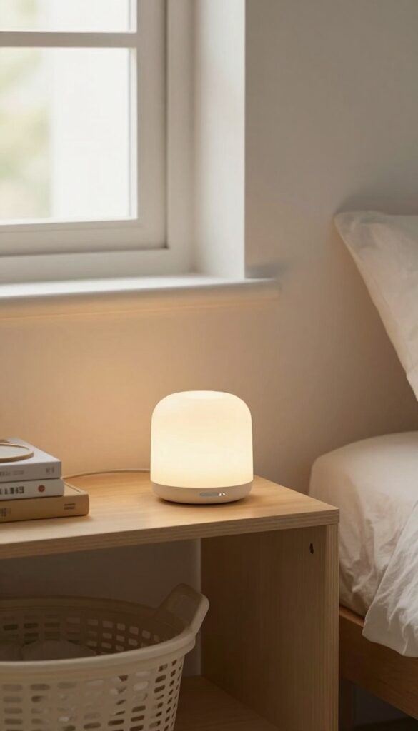 A digital timer on a nightstand in a bright, slightly messy bedroom corner, symbolizing starting a 10-minute cleaning session.