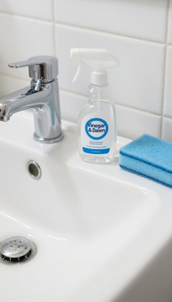 DIY all-purpose cleaner with vinegar and Dawn dish soap on a bathroom sink and tiles