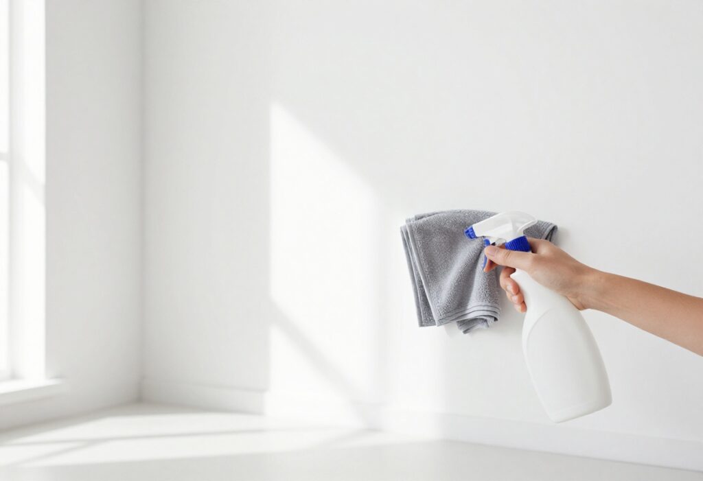Hand wiping a clean wall with a microfiber cloth and spray bottle