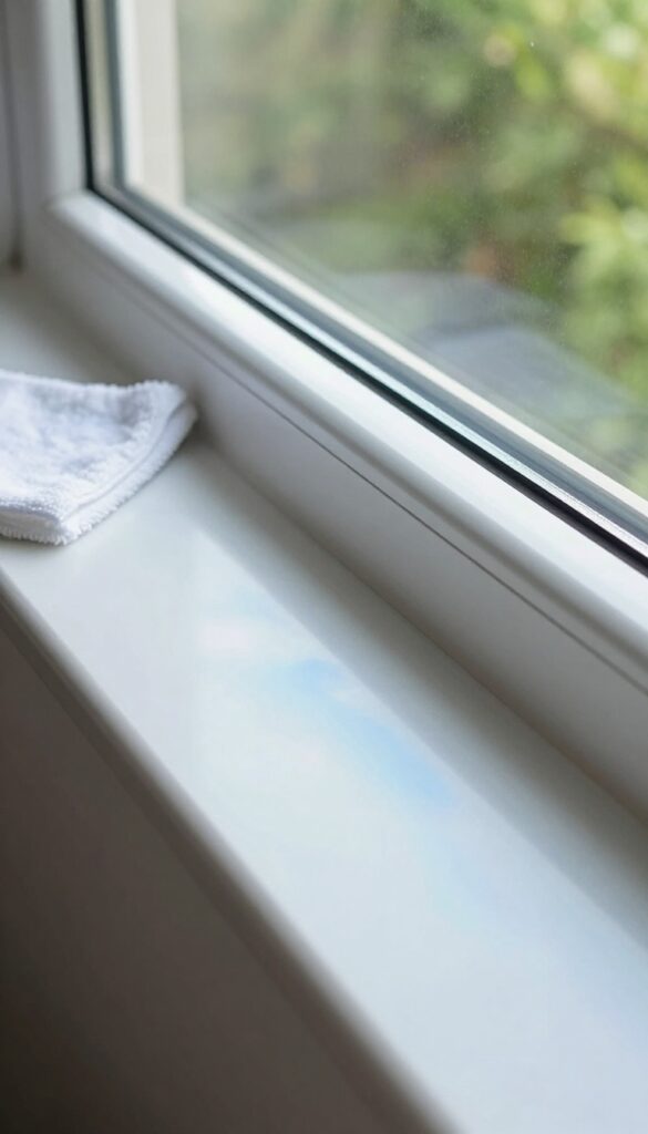 Clean window track and sill with cleaning tools in bright natural light