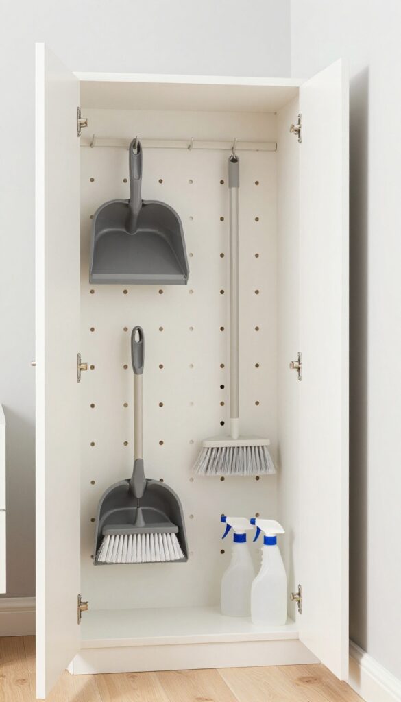 Cleaning cupboard with pegboard on back wall holding dustpan, brush, broom, and spray bottles