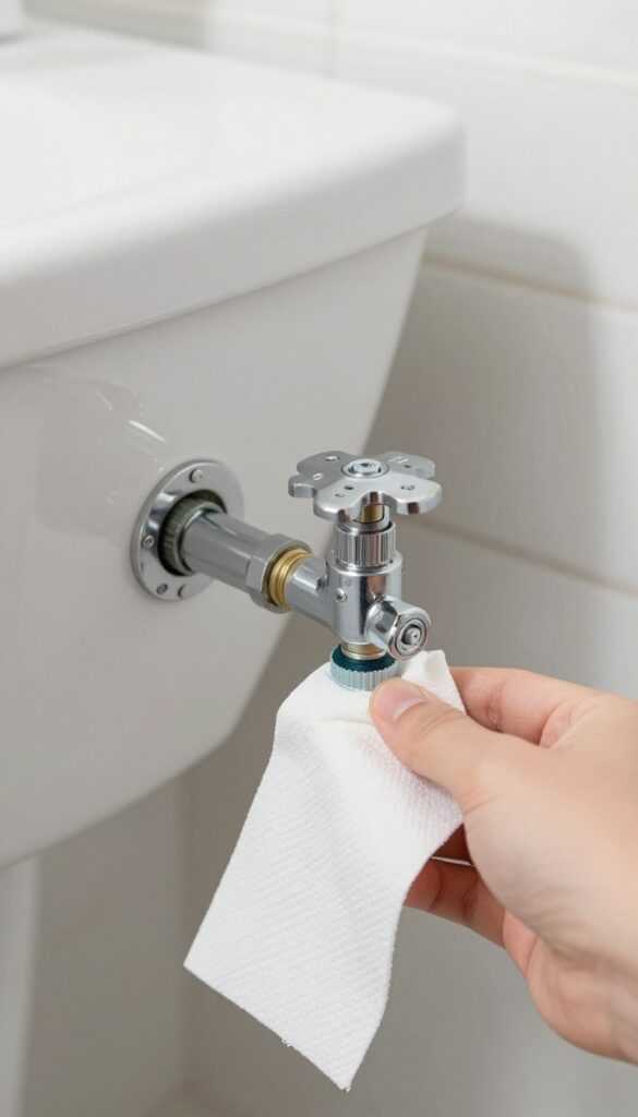 Hand turning toilet shut-off valve clockwise to reconnect water supply, with paper towel nearby for leak check