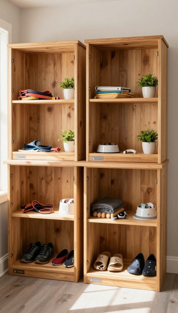 Multi-dog crate wall with stacked and side-by-side crates, shared countertop, and labeled cubbies in a bright mudroom.