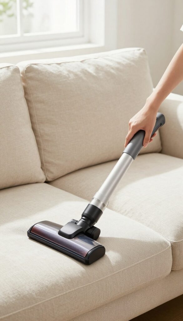 Person vacuuming a beige linen couch with an upholstery attachment in a bright living room